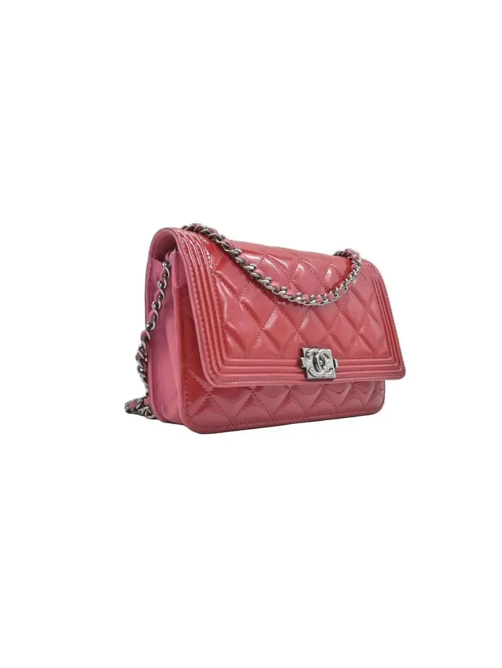 $3350 Chanel Patent Calfskin Quilted Boy Wallet On Chain WOC